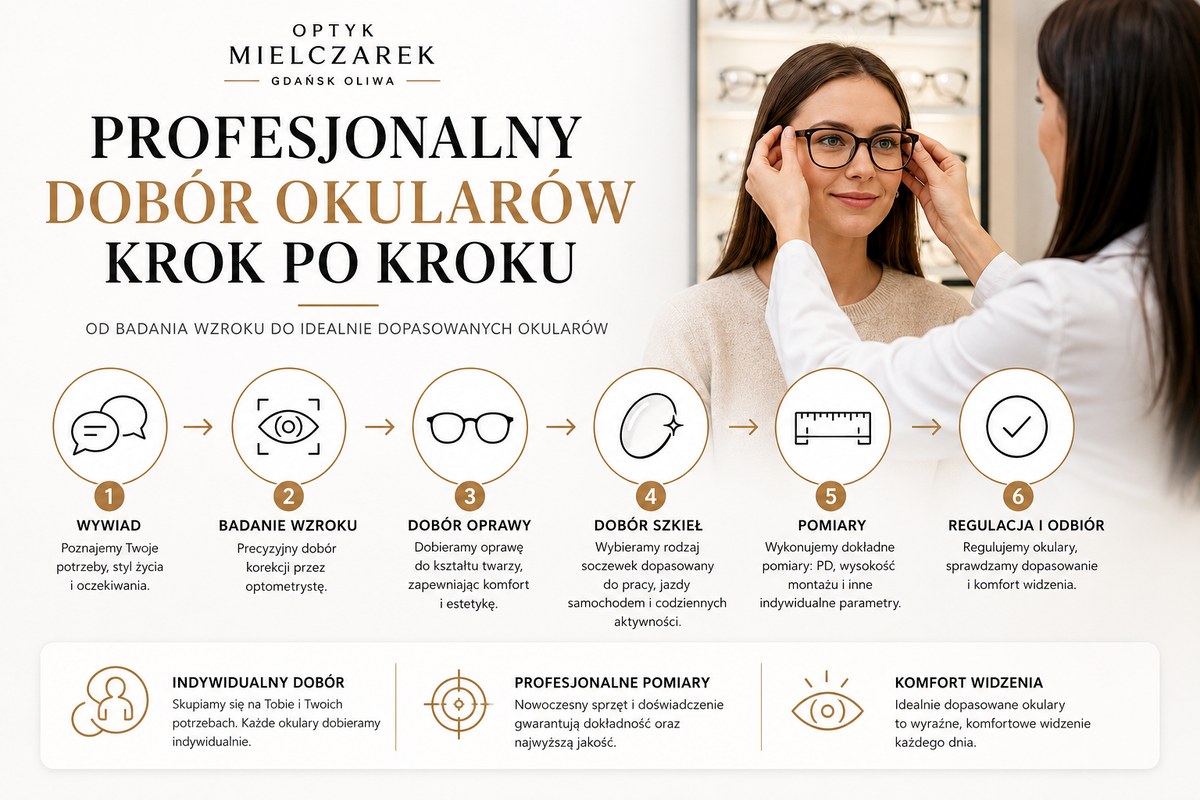 Profesjonalny dobór okularów krok po kroku – wywiad, badanie wzroku, dobór opraw, dobór szkieł okularowych, indywidualne pomiary oraz regulacja gotowych okularów.