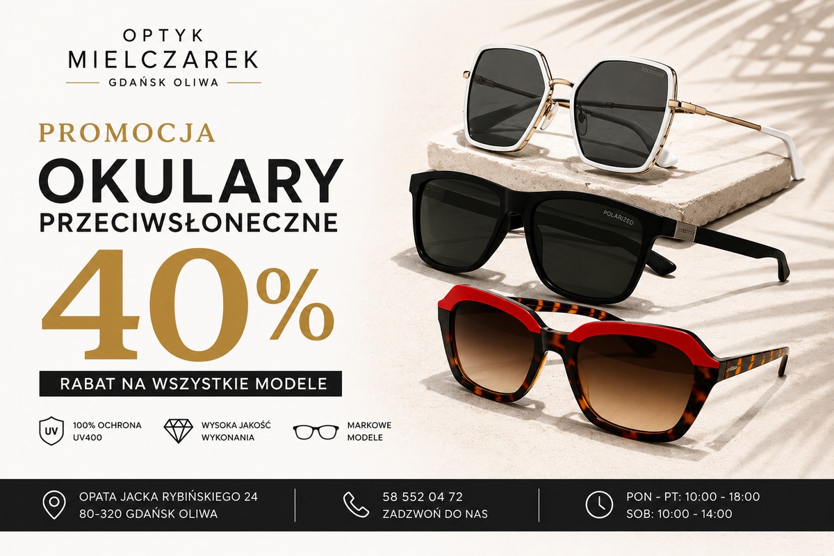 Promocja 40% rabatu na wszystkie okulary przeciwsłoneczne w salonie Optyk Mielczarek w Gdańsku Oliwie